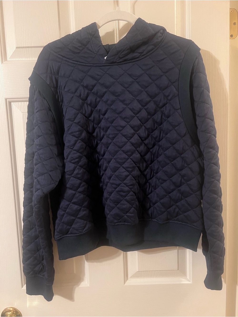 Like New Solitaire by Ravi Khosla Quilted Navy Hooded Pullover Sweatshirt Size M